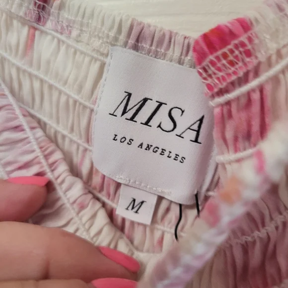 New Misa Los Angeles Women's Pink Floral Smocked Off Shoulder Mini Dress Medium - Picture 6 of 6